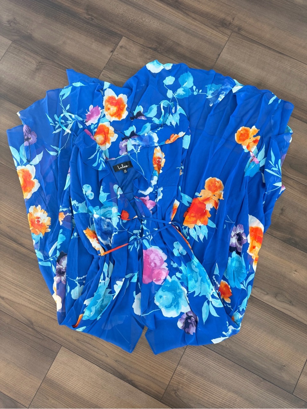 NWT Lulus Ladean Royal Blue Floral Print Ruffled Wrap Maxi Dress - Picture 3 of 5